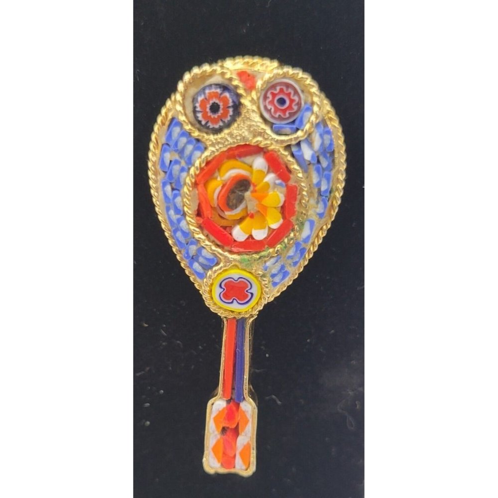 Vintage Colorful Owl Mico Mosaic Mandolin Guitar Brooch Pin